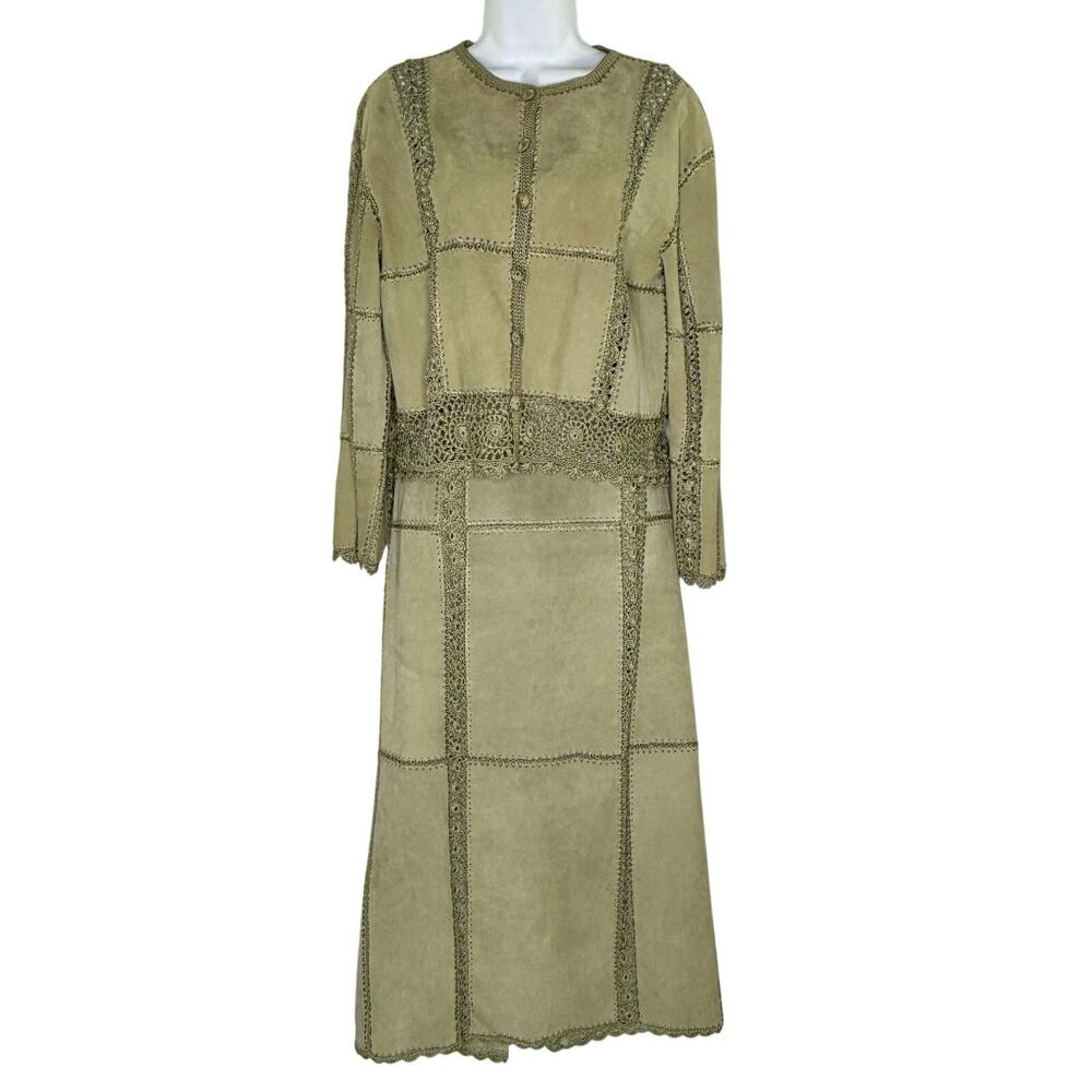 Vintage S.M.H Olive Leather Crochet Trim M Jacket Skirt Set Western Rodeo *flaw
